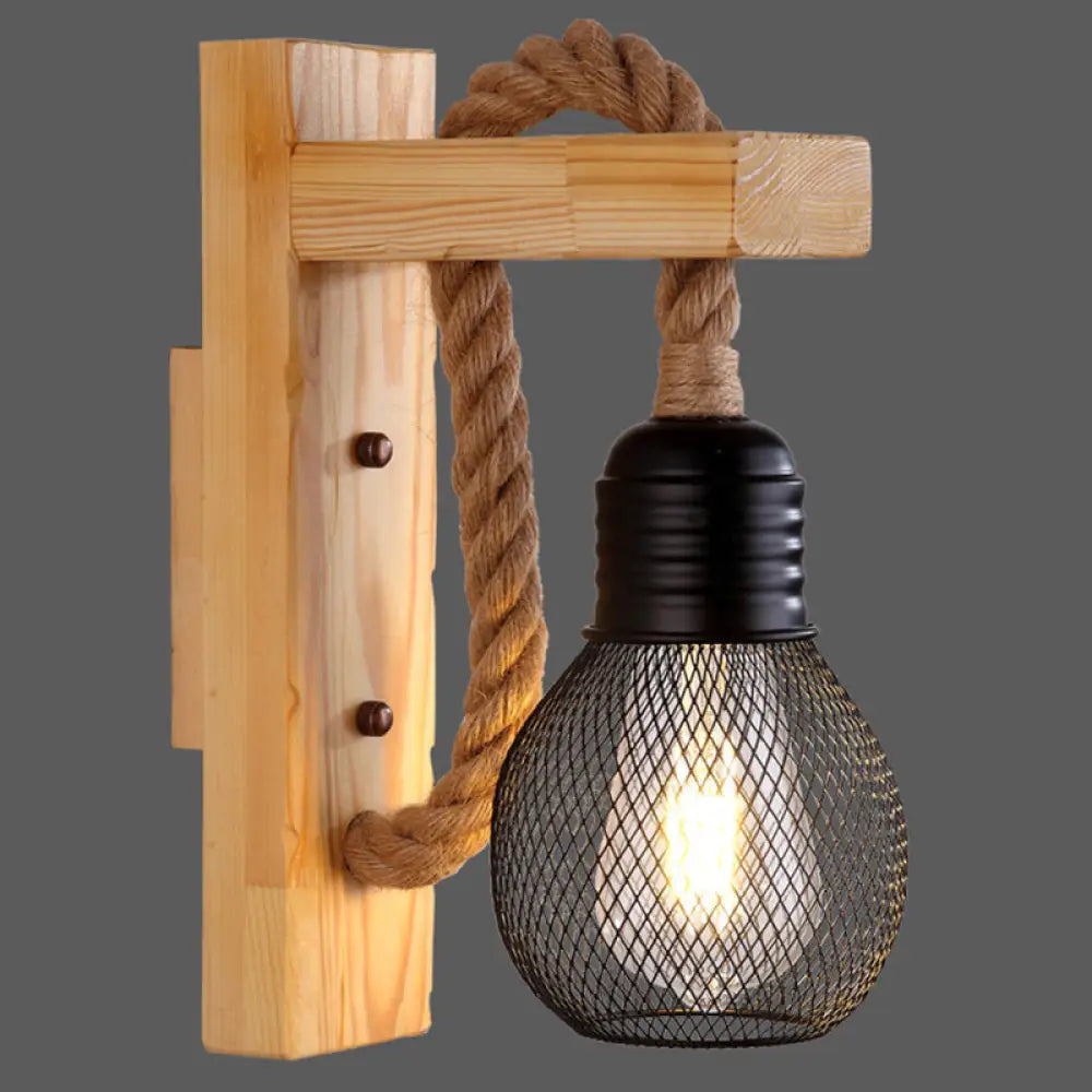 Houten Wandlamp met Touwarm en Glazen Lantaarn – Scandinavische Sfeer voor Slaapkamer en Hal