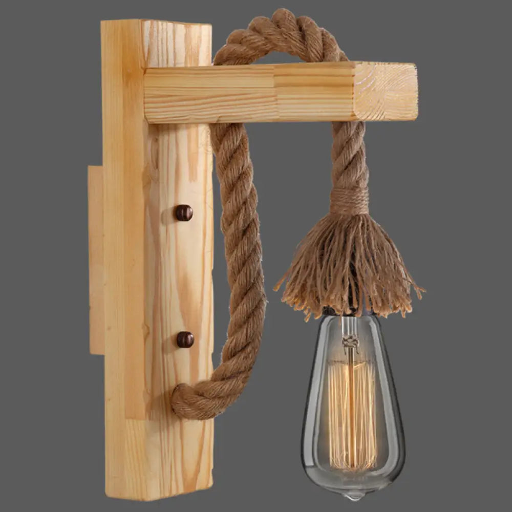 Houten Wandlamp met Touwarm en Glazen Lantaarn – Scandinavische Sfeer voor Slaapkamer en Hal