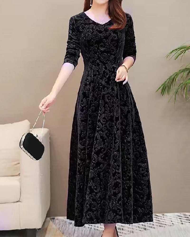 Fluwelen Midi Jurk Lange Mouwen Elegante Zomerjurk