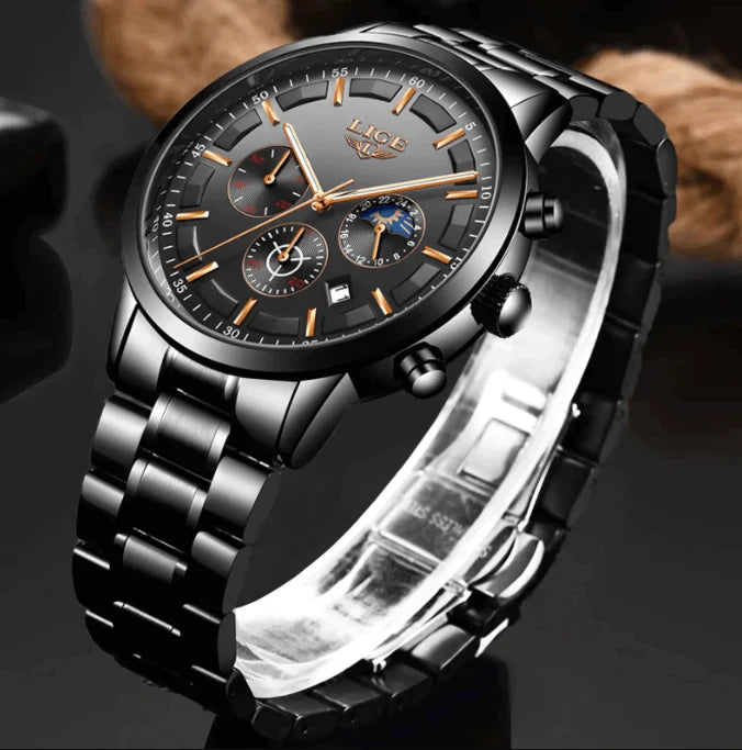 Stalen Herenhorloge Zwart – Elegant Design met Datum & Dag/Nacht – Waterdicht 30M