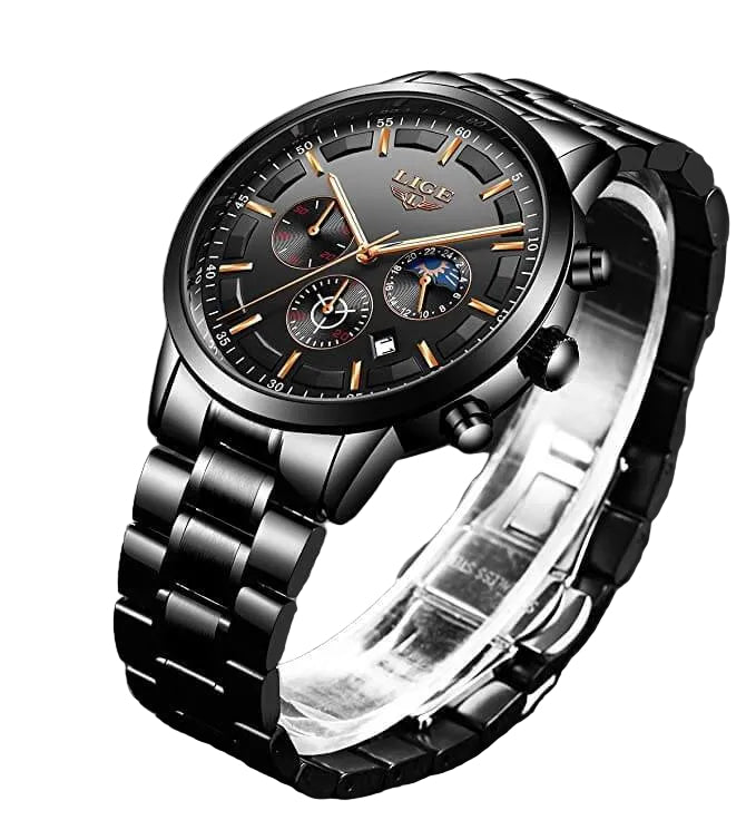 Stalen Herenhorloge Zwart – Elegant Design met Datum & Dag/Nacht – Waterdicht 30M