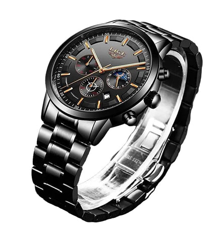 Stalen Herenhorloge Zwart – Elegant Design met Datum & Dag/Nacht – Waterdicht 30M