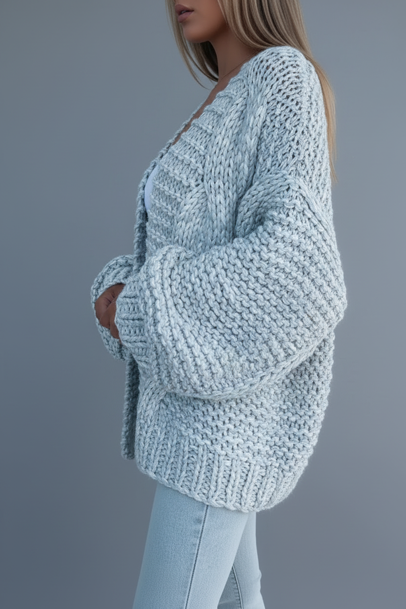 Light blue chunky knit cardigan grey background side view