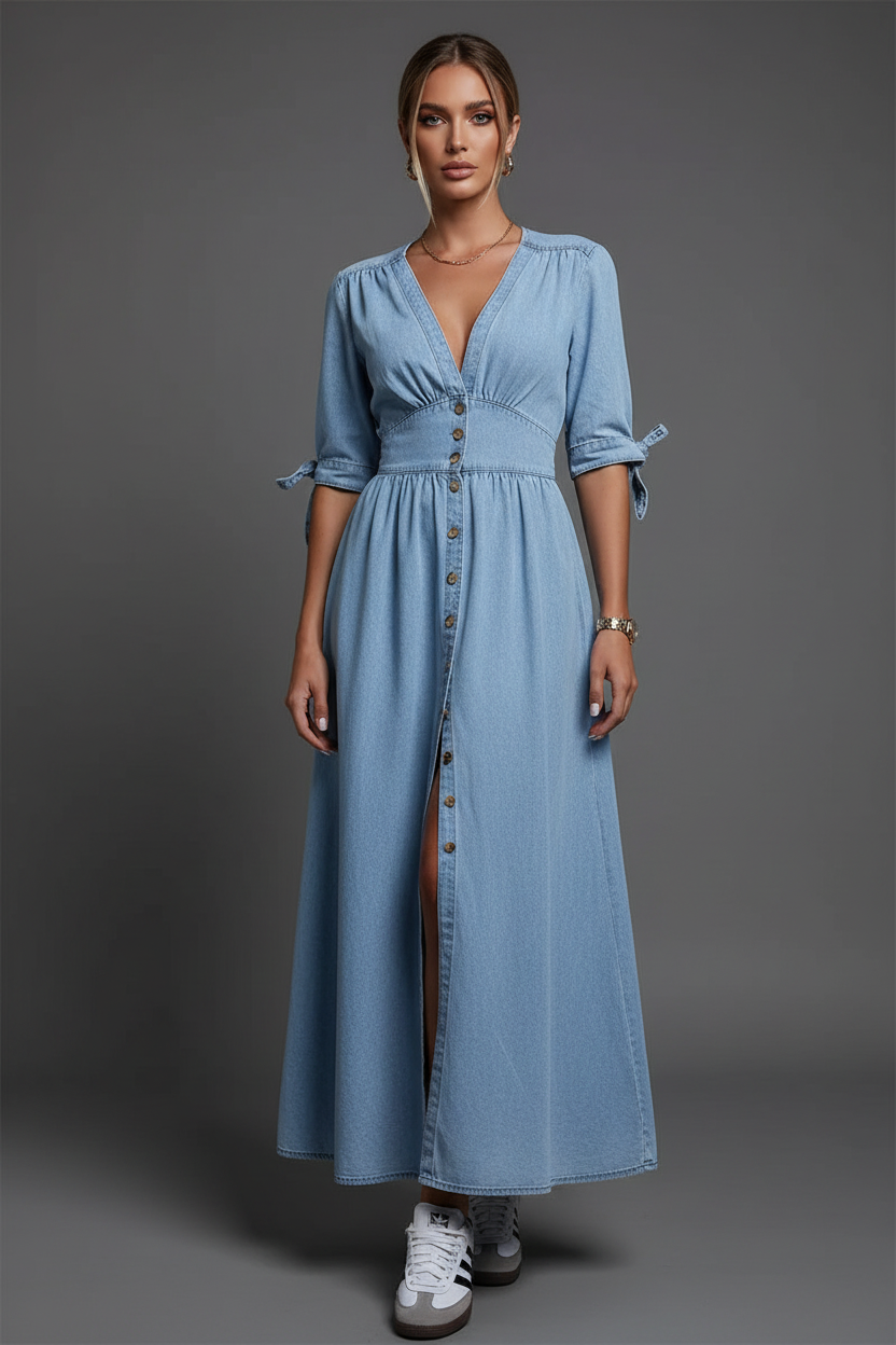 Renske Jurk | Blauwe Maxi Jurk van Denim - StudioMarella