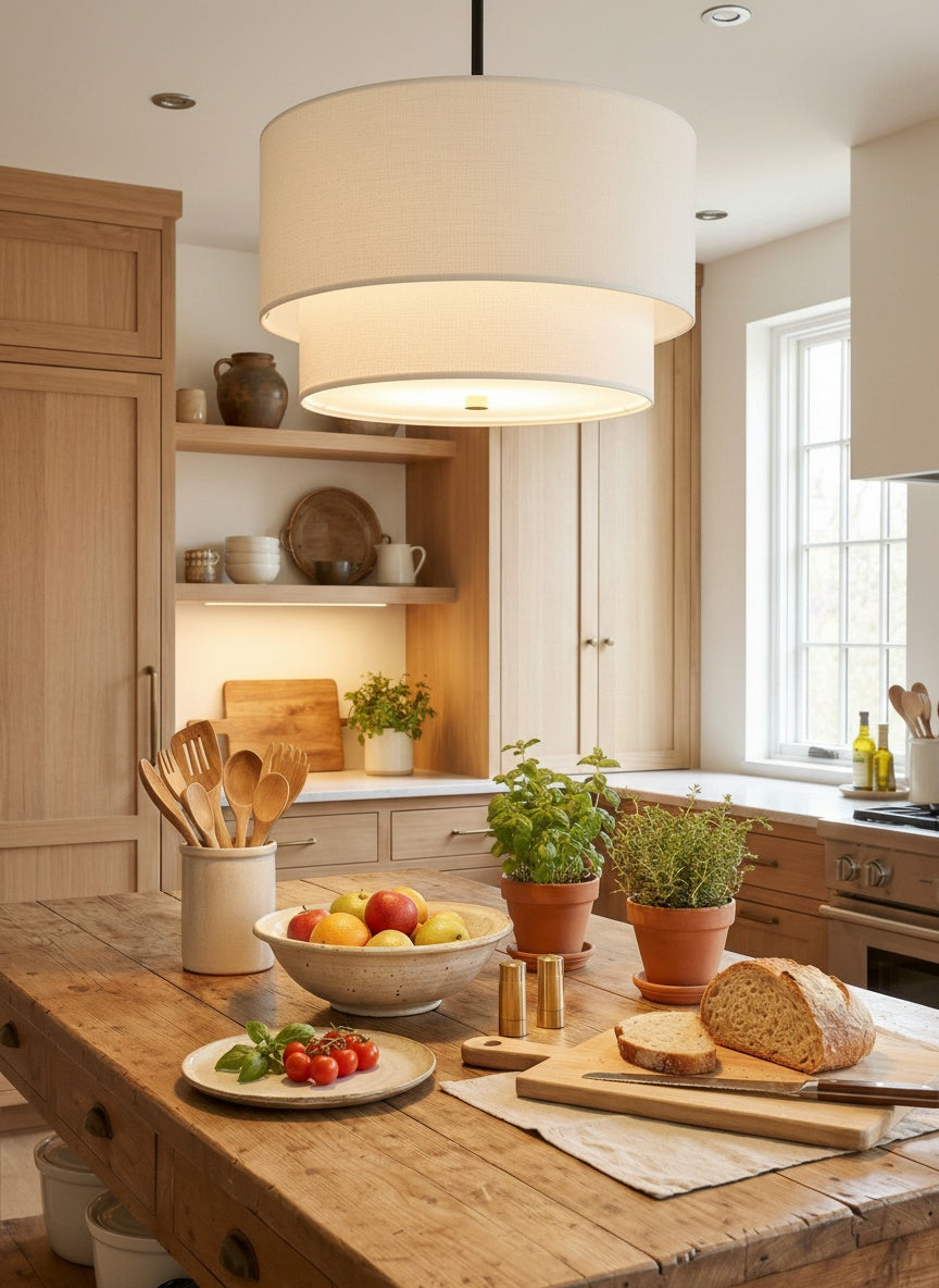 Dubbele Stoffen Drum Hanglamp – Moderne Gelaagde Kap Plafondlamp voor Eetkamer Woonkamer