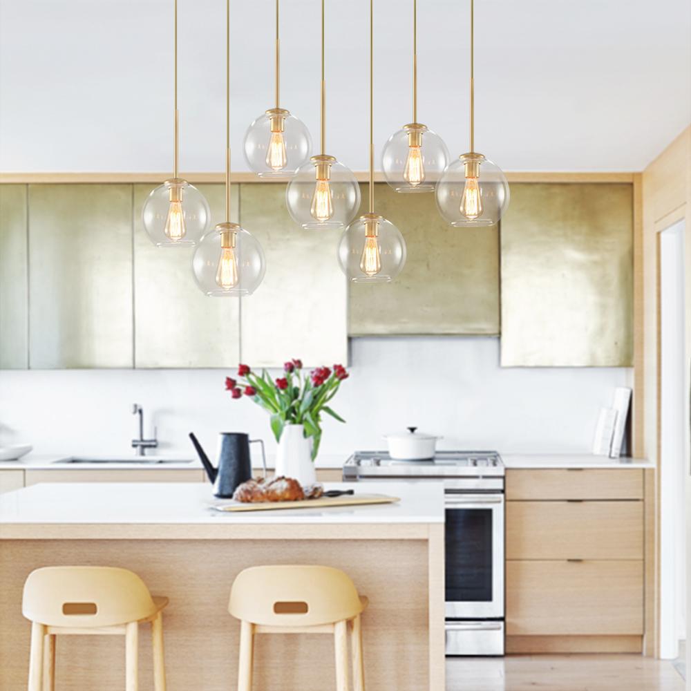 Glazen Bollen Hanglamp Keukeneiland 7 Lichts Messing Zwart 90cm Cluster Eetkamer Woonkamer Rechthoekig Verstelbaar E26 Mid-Century