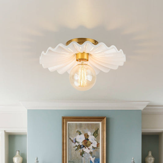 Keramieke Plafondlamp Messing Creme 30cm Semi Flush Mount Eetkamer Slaapkamer Retro Mid-Century Geplooid Badkamer Entree Woonkamer