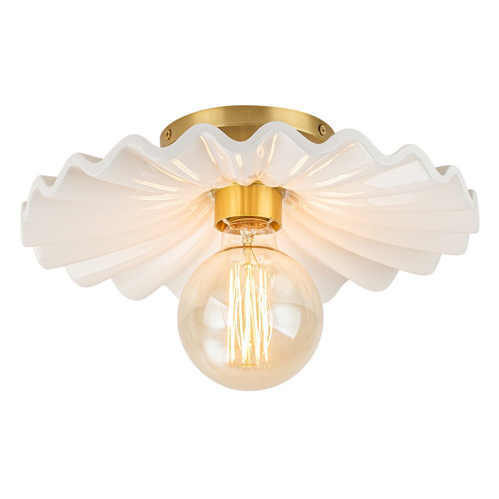 Keramieke Plafondlamp Messing Creme 30cm Semi Flush Mount Eetkamer Slaapkamer Retro Mid-Century Geplooid Badkamer Entree Woonkamer