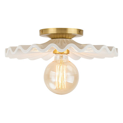 Keramieke Plafondlamp Messing Creme 30cm Semi Flush Mount Eetkamer Slaapkamer Retro Mid-Century Geplooid Badkamer Entree Woonkamer