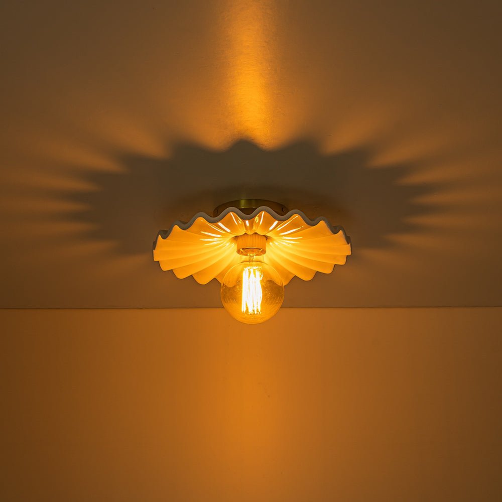 Keramieke Plafondlamp Messing Creme 30cm Semi Flush Mount Eetkamer Slaapkamer Retro Mid-Century Geplooid Badkamer Entree Woonkamer
