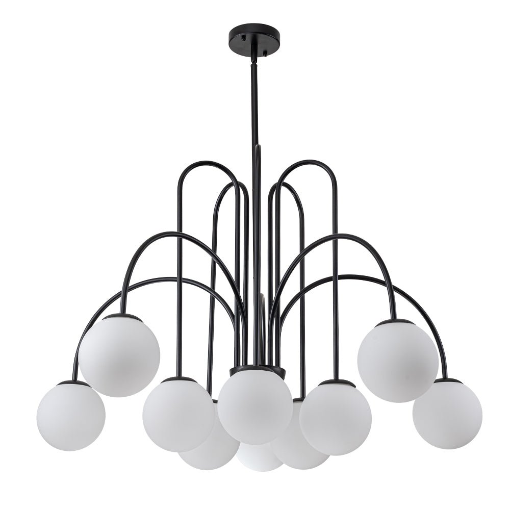 Glazen Bollen Hanglamp 10 Lichts Zwart Messing 98cm Opaal Frosted E26 Woonkamer Eetkamer Slaapkamer Entree Sputnik Chandelier Dimbaar