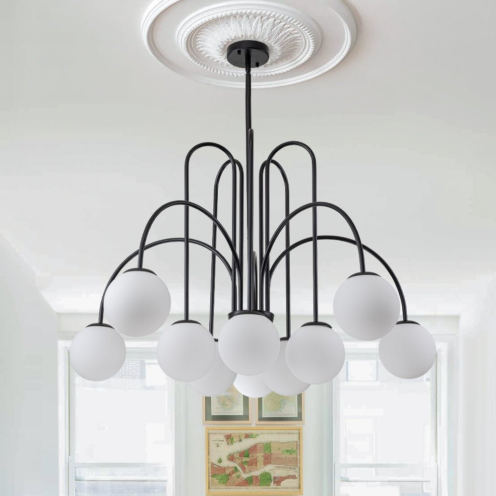 Glazen Bollen Hanglamp 10 Lichts Zwart Messing 98cm Opaal Frosted E26 Woonkamer Eetkamer Slaapkamer Entree Sputnik Chandelier Dimbaar