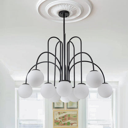 Glazen Bollen Hanglamp 10 Lichts Zwart Messing 98cm Opaal Frosted E26 Woonkamer Eetkamer Slaapkamer Entree Sputnik Chandelier Dimbaar