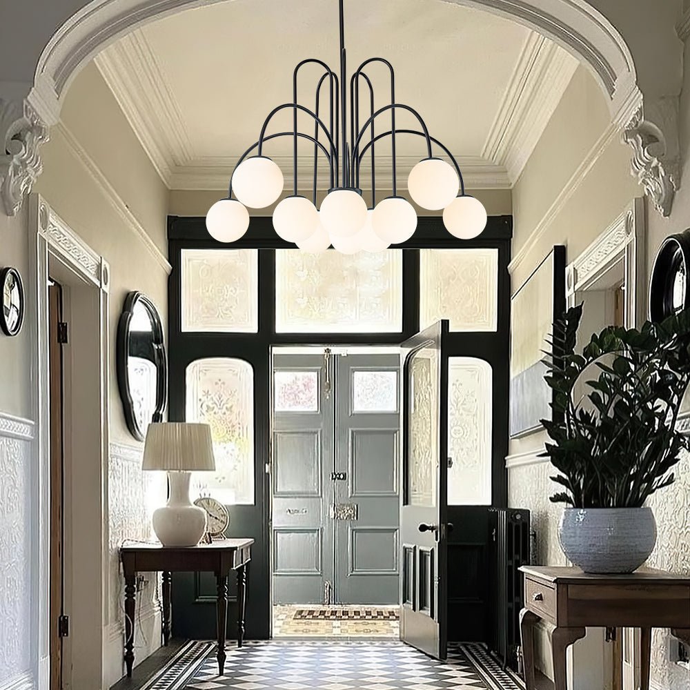 Glazen Bollen Hanglamp 10 Lichts Zwart Messing 98cm Opaal Frosted E26 Woonkamer Eetkamer Slaapkamer Entree Sputnik Chandelier Dimbaar