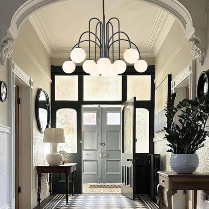 Glazen Bollen Hanglamp 10 Lichts Zwart Messing 98cm Opaal Frosted E26 Woonkamer Eetkamer Slaapkamer Entree Sputnik Chandelier Dimbaar