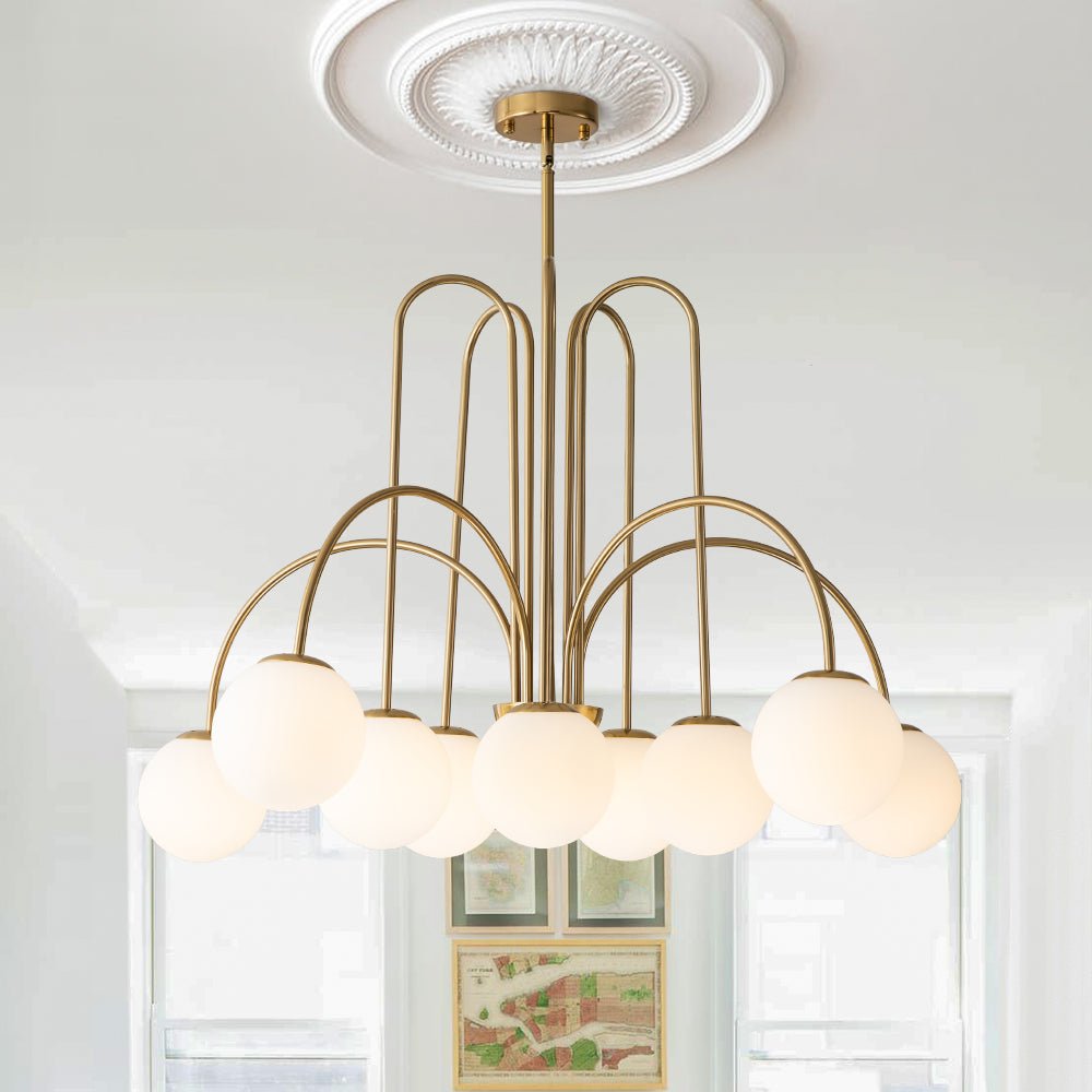 Glazen Bollen Hanglamp 10 Lichts Zwart Messing 98cm Opaal Frosted E26 Woonkamer Eetkamer Slaapkamer Entree Sputnik Chandelier Dimbaar