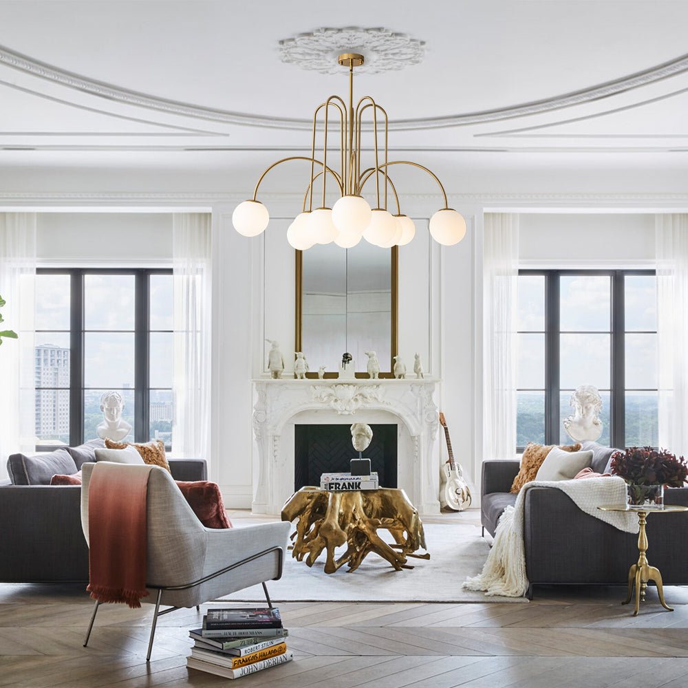 Glazen Bollen Hanglamp 10 Lichts Zwart Messing 98cm Opaal Frosted E26 Woonkamer Eetkamer Slaapkamer Entree Sputnik Chandelier Dimbaar