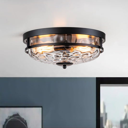 Glazen Plafondlamp Rond Zwart Goud Gehamerd Glas 33cm Woonkamer Slaapkamer Flush Mount Farmhouse Entree Eetkamer Badkamer