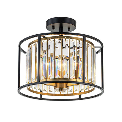 Minimalistische Semi-Plafondlamp met Kristallen Accenten 3-Lichtpunten Zwart-Gouden Afwerking Drumvormig Frame E12 Fitting