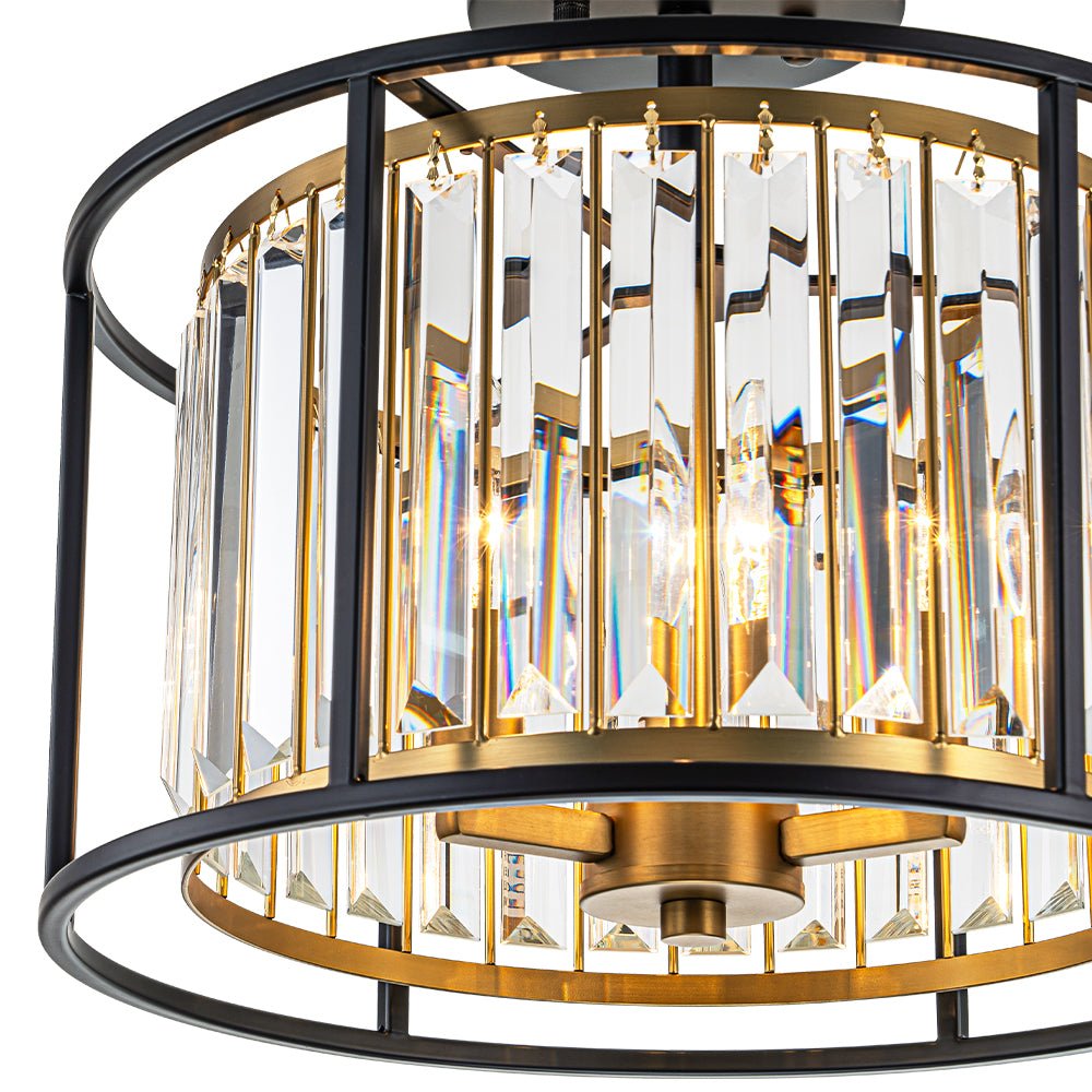 Kristallen Plafondlamp met Drie Lichtpunten en Kaarsverlichting – Zwart en Messing Afwerking