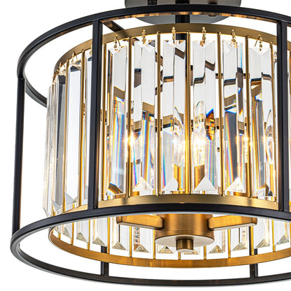 Kristallen Plafondlamp met Drie Lichtpunten en Kaarsverlichting – Zwart en Messing Afwerking