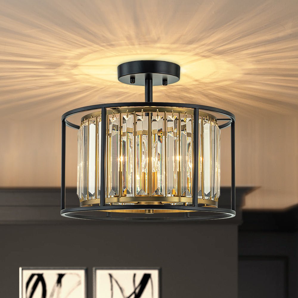 Minimalistische Semi-Plafondlamp met Kristallen Accenten 3-Lichtpunten Zwart-Gouden Afwerking Drumvormig Frame E12 Fitting