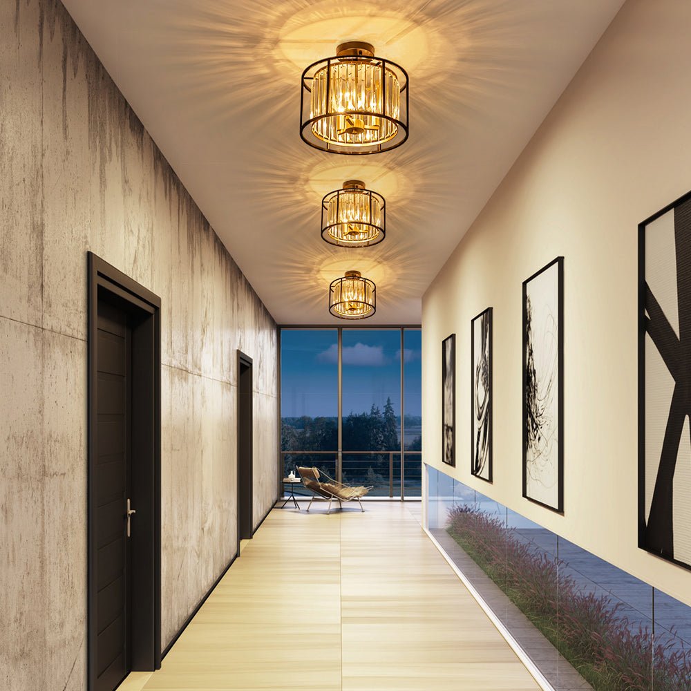 Minimalistische Semi-Plafondlamp met Kristallen Accenten 3-Lichtpunten Zwart-Gouden Afwerking Drumvormig Frame E12 Fitting