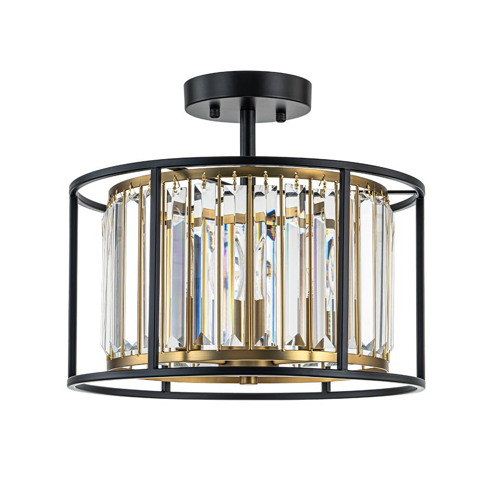 Minimalistische Semi-Plafondlamp met Kristallen Accenten 3-Lichtpunten Zwart-Gouden Afwerking Drumvormig Frame E12 Fitting