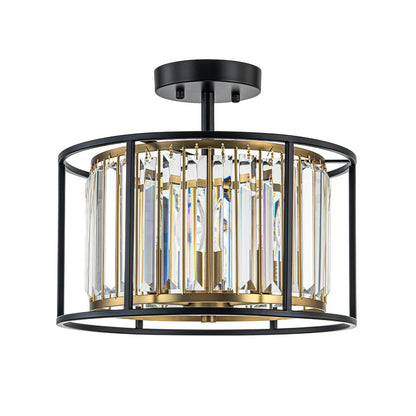 Kristallen Plafondlamp met Drie Lichtpunten en Kaarsverlichting – Zwart en Messing Afwerking