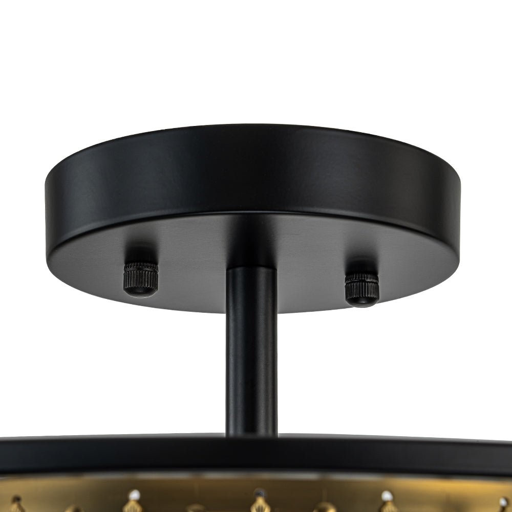 Minimalistische Semi-Plafondlamp met Kristallen Accenten 3-Lichtpunten Zwart-Gouden Afwerking Drumvormig Frame E12 Fitting
