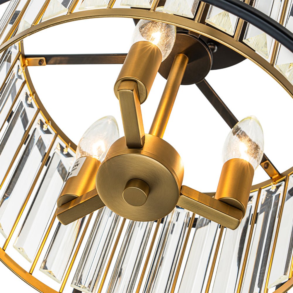 Minimalistische Semi-Plafondlamp met Kristallen Accenten 3-Lichtpunten Zwart-Gouden Afwerking Drumvormig Frame E12 Fitting