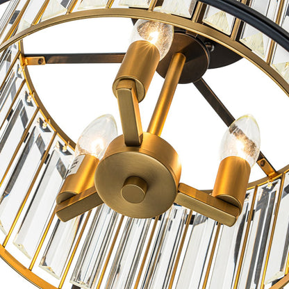 Minimalistische Semi-Plafondlamp met Kristallen Accenten 3-Lichtpunten Zwart-Gouden Afwerking Drumvormig Frame E12 Fitting