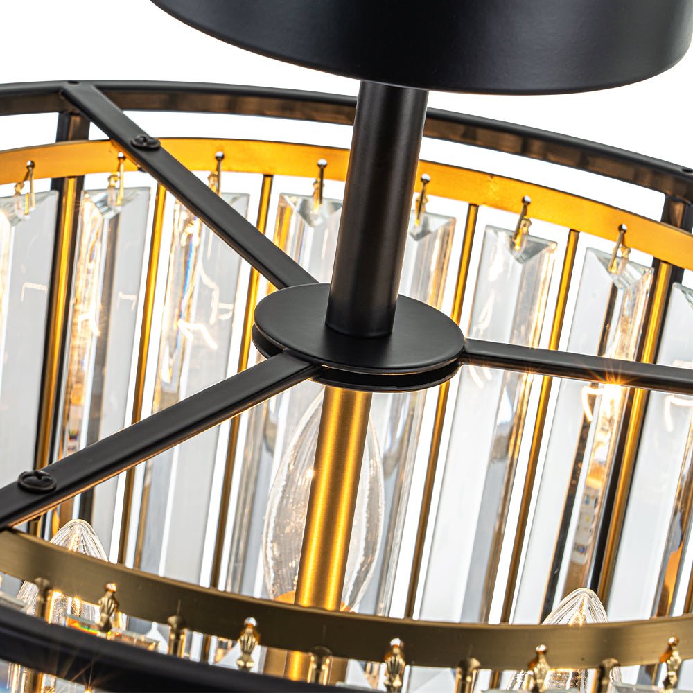 Minimalistische Semi-Plafondlamp met Kristallen Accenten 3-Lichtpunten Zwart-Gouden Afwerking Drumvormig Frame E12 Fitting