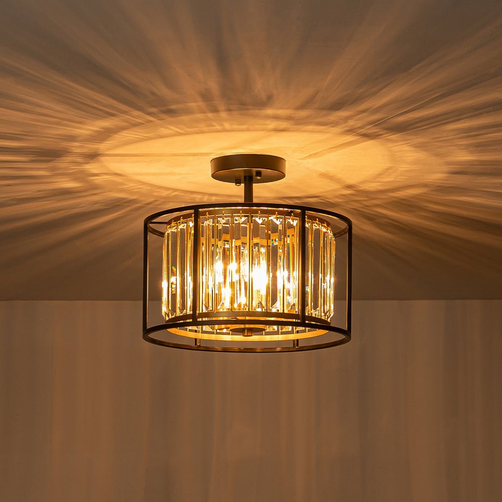 Minimalistische Semi-Plafondlamp met Kristallen Accenten 3-Lichtpunten Zwart-Gouden Afwerking Drumvormig Frame E12 Fitting