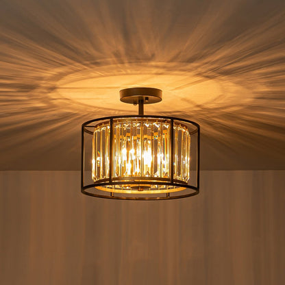 Minimalistische Semi-Plafondlamp met Kristallen Accenten 3-Lichtpunten Zwart-Gouden Afwerking Drumvormig Frame E12 Fitting