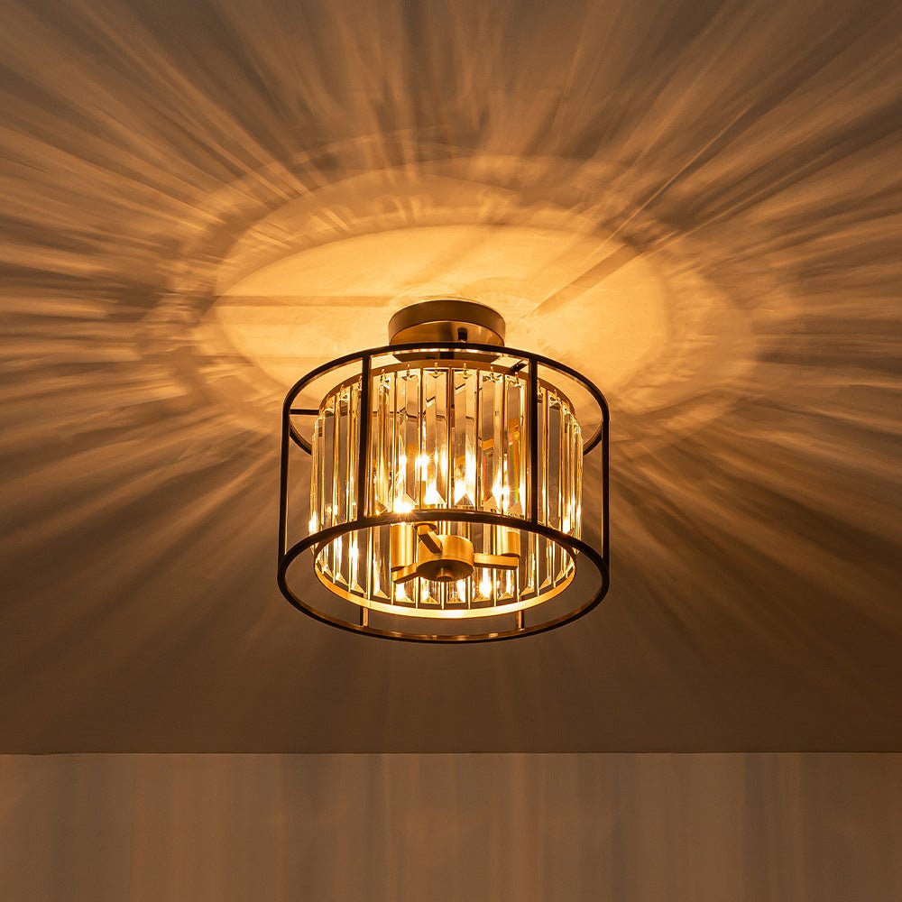 Kristallen Plafondlamp met Drie Lichtpunten en Kaarsverlichting – Zwart en Messing Afwerking