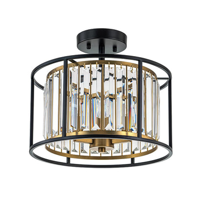 Minimalistische Semi-Plafondlamp met Kristallen Accenten 3-Lichtpunten Zwart-Gouden Afwerking Drumvormig Frame E12 Fitting