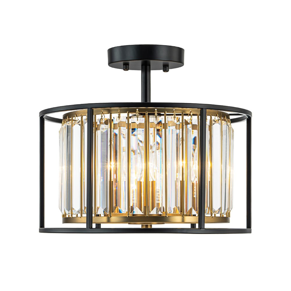Minimalistische Semi-Plafondlamp met Kristallen Accenten 3-Lichtpunten Zwart-Gouden Afwerking Drumvormig Frame E12 Fitting