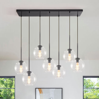 Glazen Bollen Hanglamp Keukeneiland 7 Lichts Messing Zwart 90cm Cluster Eetkamer Woonkamer Rechthoekig Verstelbaar E26 Mid-Century