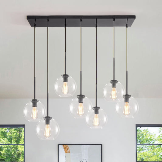 Glazen Bollen Hanglamp Keukeneiland 7 Lichts Messing Zwart 90cm Cluster Eetkamer Woonkamer Rechthoekig Verstelbaar E26 Mid-Century