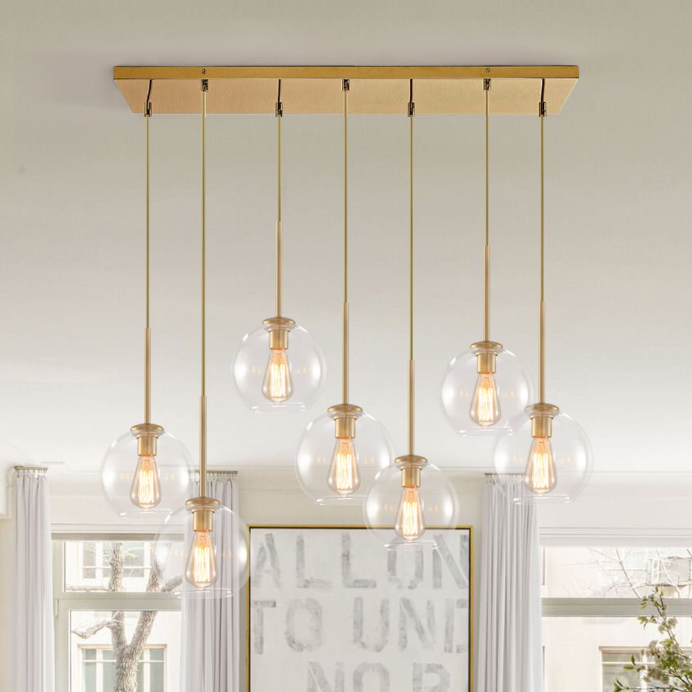 Glazen Bollen Hanglamp Keukeneiland 7 Lichts Messing Zwart 90cm Cluster Eetkamer Woonkamer Rechthoekig Verstelbaar E26 Mid-Century