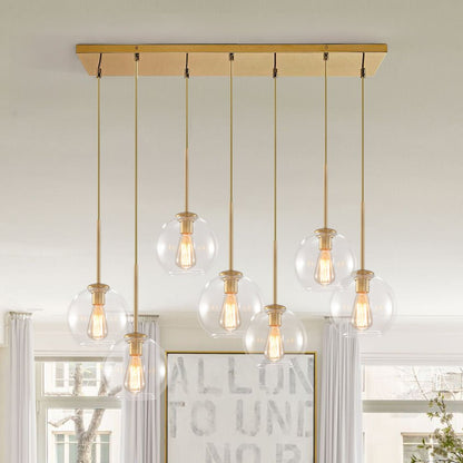 Glazen Bollen Hanglamp Keukeneiland 7 Lichts Messing Zwart 90cm Cluster Eetkamer Woonkamer Rechthoekig Verstelbaar E26 Mid-Century