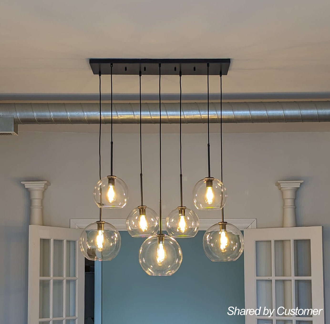 Glazen Bollen Hanglamp Keukeneiland 7 Lichts Messing Zwart 90cm Cluster Eetkamer Woonkamer Rechthoekig Verstelbaar E26 Mid-Century
