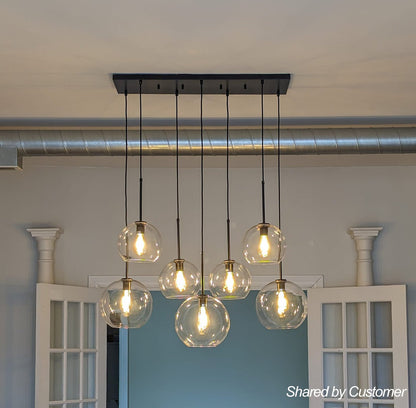Glazen Bollen Hanglamp Keukeneiland 7 Lichts Messing Zwart 90cm Cluster Eetkamer Woonkamer Rechthoekig Verstelbaar E26 Mid-Century