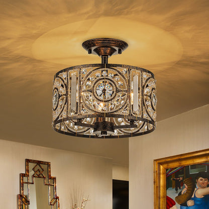 Kristallen Plafondlamp Zwart Goud 30cm 3 Lichts Vintage Drum E12 Woonkamer Eetkamer Slaapkamer Entree Badkamer Marokkaans Luxe