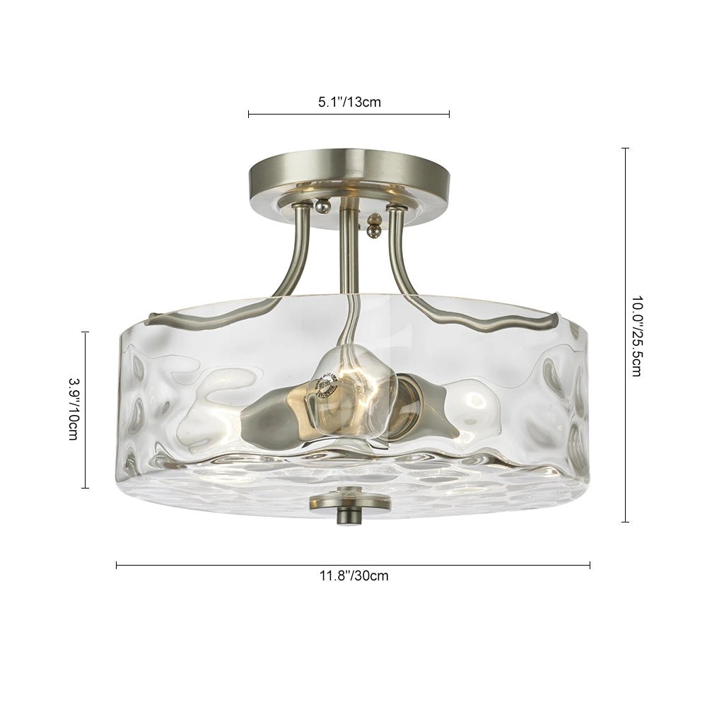Glazen Plafondlamp Drum Nikkel 30cm 2 Lichts Gehamerd Glas Badkamer Entree Keuken Slaapkamer Semi Flush Mount Hal Woonkamer