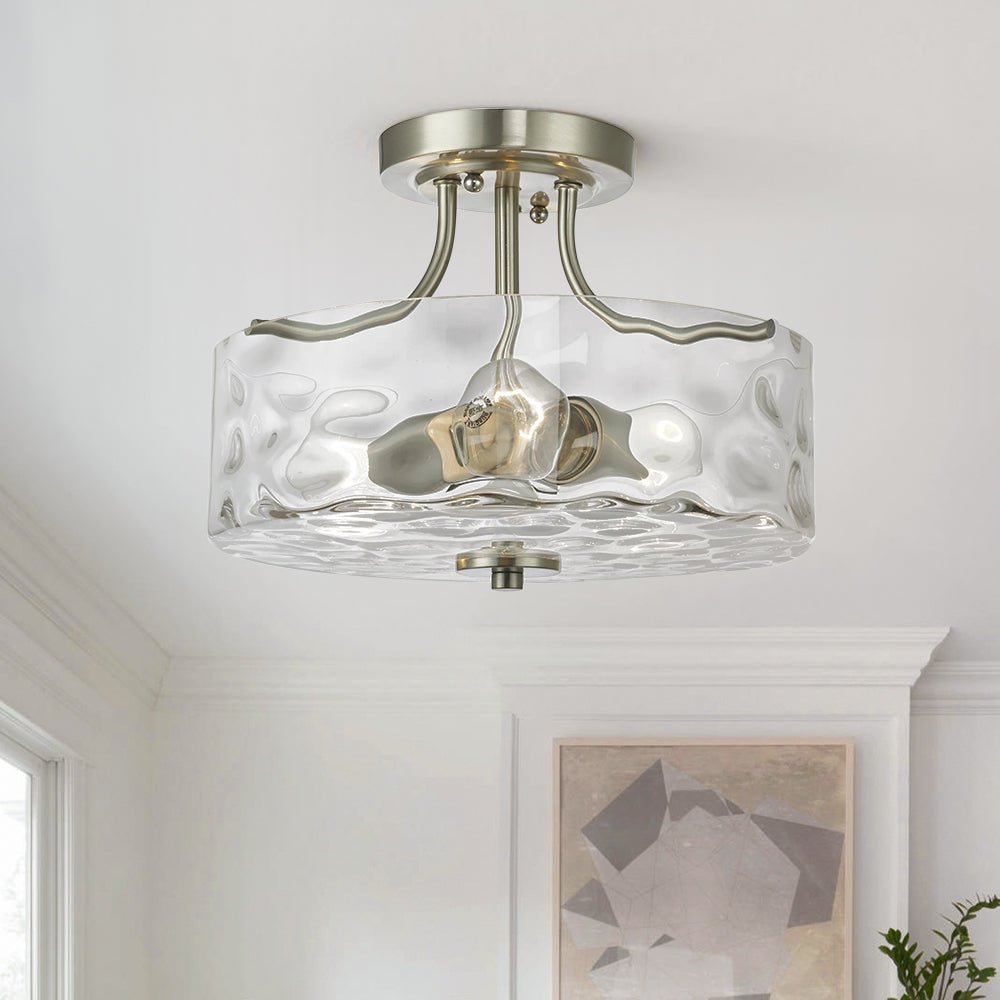 Glazen Plafondlamp Drum Nikkel 30cm 2 Lichts Gehamerd Glas Badkamer Entree Keuken Slaapkamer Semi Flush Mount Hal Woonkamer