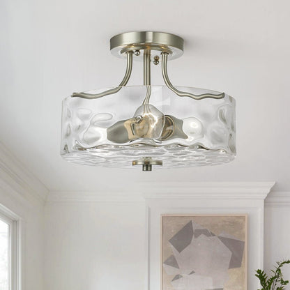 Glazen Plafondlamp Drum Nikkel 30cm 2 Lichts Gehamerd Glas Badkamer Entree Keuken Slaapkamer Semi Flush Mount Hal Woonkamer
