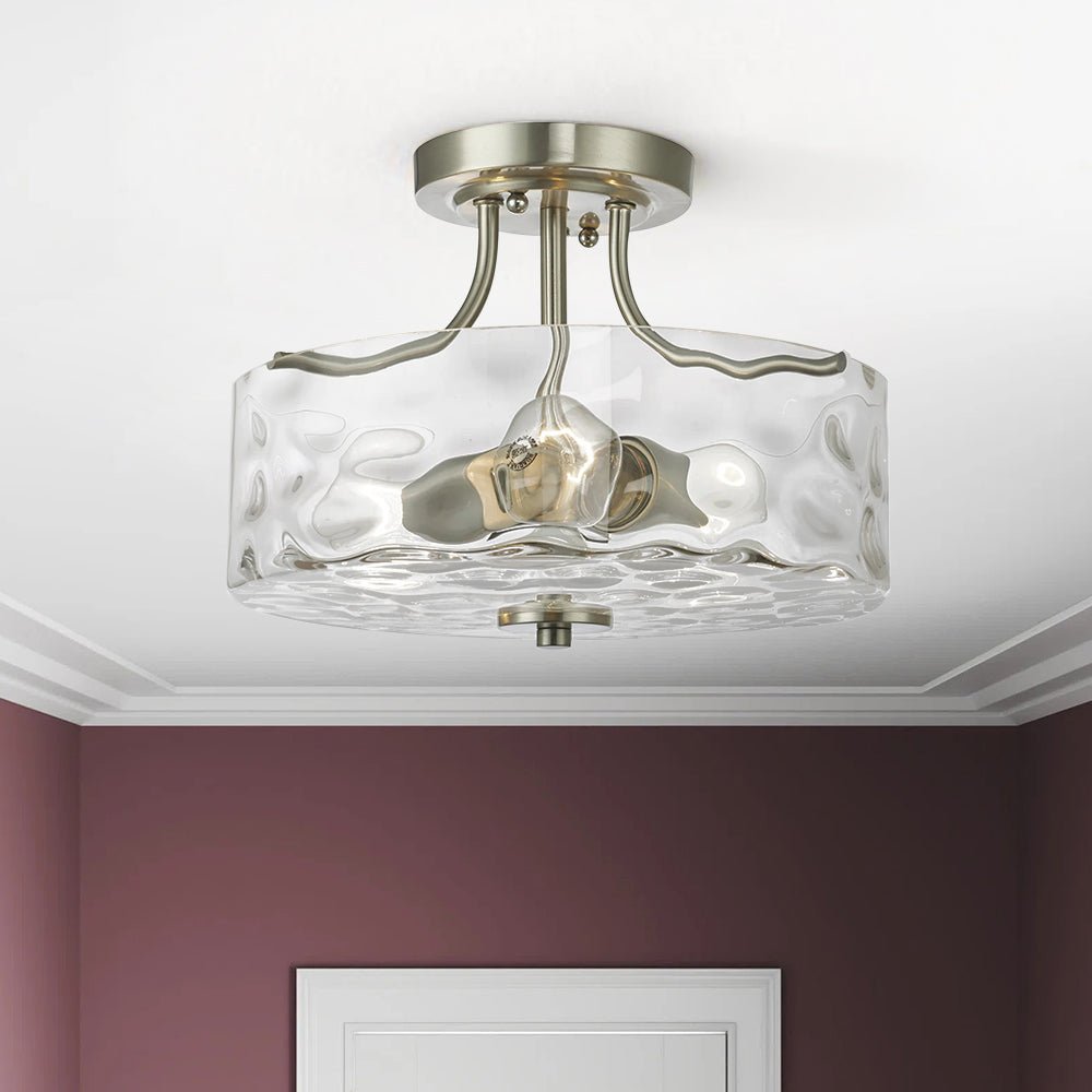 Glazen Plafondlamp Drum Nikkel 30cm 2 Lichts Gehamerd Glas Badkamer Entree Keuken Slaapkamer Semi Flush Mount Hal Woonkamer