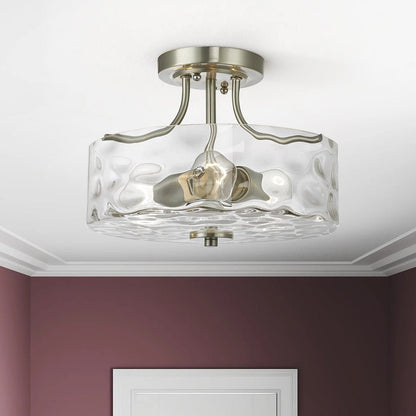 Glazen Plafondlamp Drum Nikkel 30cm 2 Lichts Gehamerd Glas Badkamer Entree Keuken Slaapkamer Semi Flush Mount Hal Woonkamer